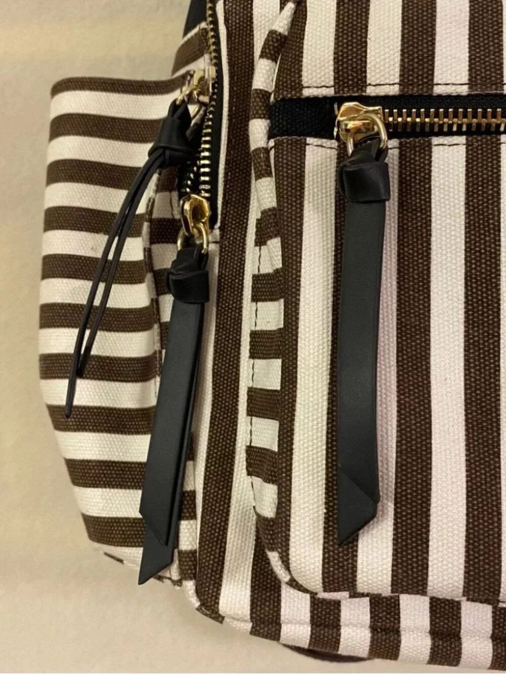 Henri Bendel black white brown striped canvas backpack large